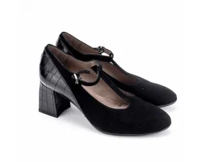 Wonders I-7734 Black Negro Suede Leather T-Bar Court Shoe Made In Spain