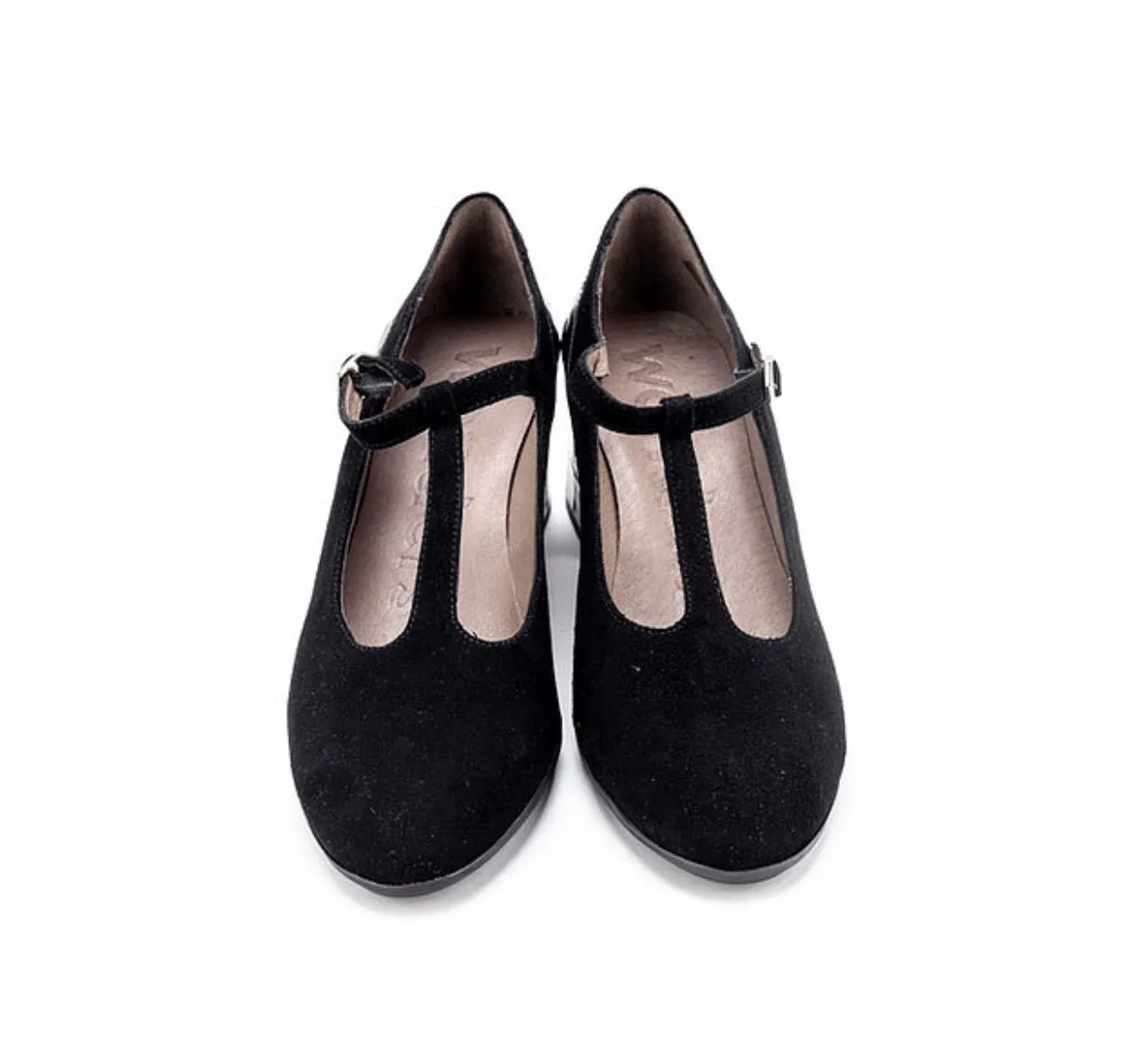 Wonders I-7734 Black Negro Suede Leather T-Bar Court Shoe Made In Spain